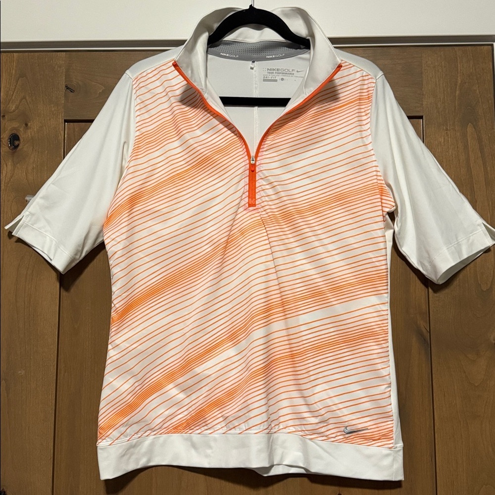 NIKE PERFORMANCE GOLF SHIRT Womens L activewear breathable Orange/White 1/4 Zip